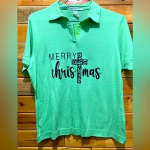 Merry Christmas ladies large green collared shirt. Port Authority.